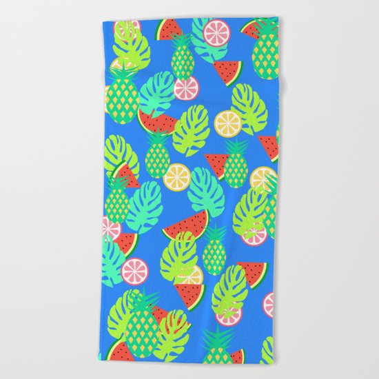 Watermelons and pineapples in blue Beach Towel
