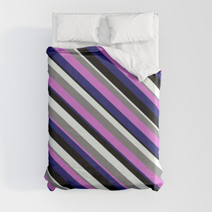 Eye-catching Gray, Orchid, Midnight Blue, Black, and Mint Cream Colored Stripes/Lines Pattern Duvet Cover