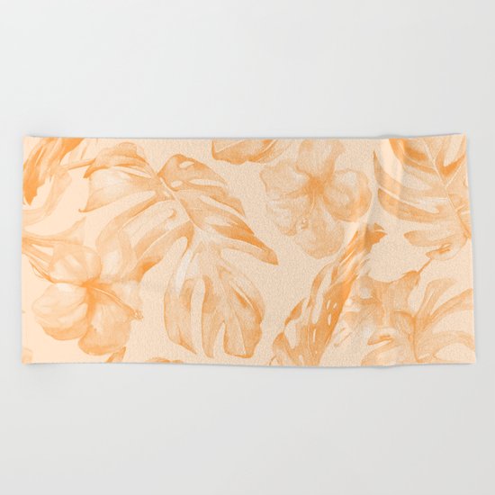 Island Vacation Hibiscus Palm Leaf Orange Beach Towel