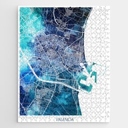Valencia Spain Map Navy Blue Turquoise Watercolor Jigsaw Puzzle