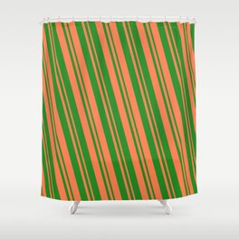 [ Thumbnail: Forest Green & Coral Colored Lines Pattern Shower Curtain ]