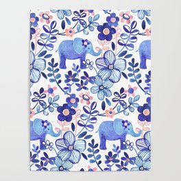 Pale Coral, White and Purple Elephant and Floral Watercolor Pattern Poster