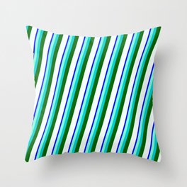 [ Thumbnail: Blue, Aquamarine, Dark Turquoise, Dark Green & Mint Cream Colored Stripes/Lines Pattern Throw Pillow ]