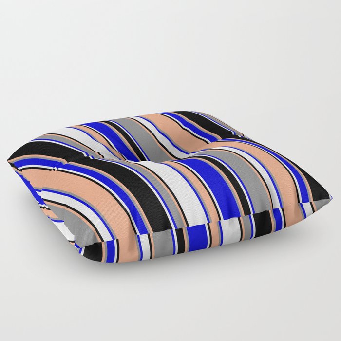 Vibrant Light Salmon, Gray, Blue, White & Black Colored Lined/Striped Pattern Floor Pillow