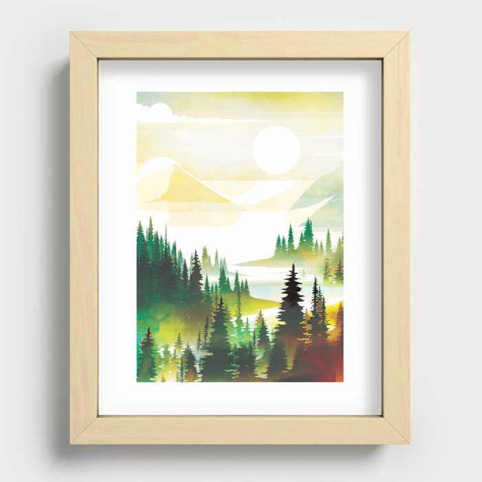 Sunrise above the pine forest lake 2 Recessed Framed Print