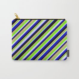 [ Thumbnail: Eye-catching Green, Lavender, Blue, Black, and Tan Colored Lined/Striped Pattern Carry-All Pouch ]