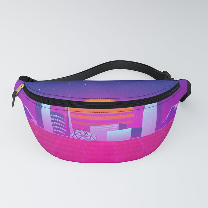 Synthwave neon city and mountains 80 s style Fanny Pack by RARA