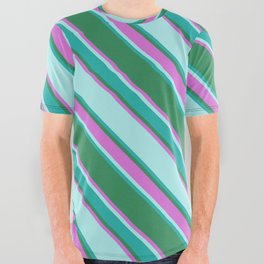 [ Thumbnail: Sea Green, Orchid, Turquoise & Light Sea Green Colored Lined Pattern All Over Graphic Tee ]