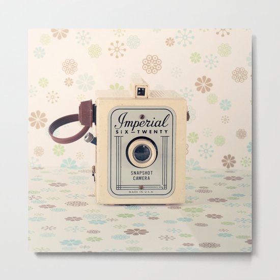 Retro Film Camera on Beige - Cream Pattern Background Metal Print