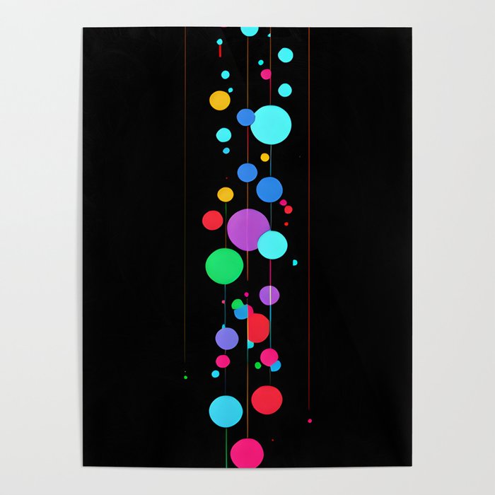 Flow of colored circles, balls and lines on a black background Poster