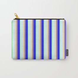 [ Thumbnail: Eye-catching Light Green, Blue, Slate Blue, Tan & Light Cyan Colored Striped/Lined Pattern Carry-All Pouch ]