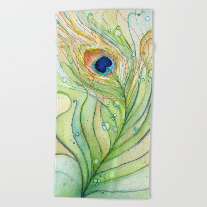 Green Watercolor Peacock Feather and Bubbles Beach Towel