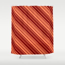 [ Thumbnail: Coral & Maroon Colored Lined/Striped Pattern Shower Curtain ]