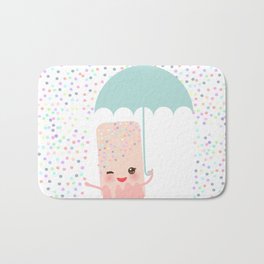 pink ice cream, ice lolly holding an umbrella. Kawaii with pink cheeks and winking eyes Badematte