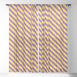 [ Thumbnail: Dark Slate Blue, Red, Yellow & Violet Colored Stripes Pattern Sheer Curtain ]