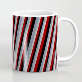 [ Thumbnail: Slate Gray, Dark Gray, Dark Red & Black Colored Stripes Pattern Coffee Mug ]