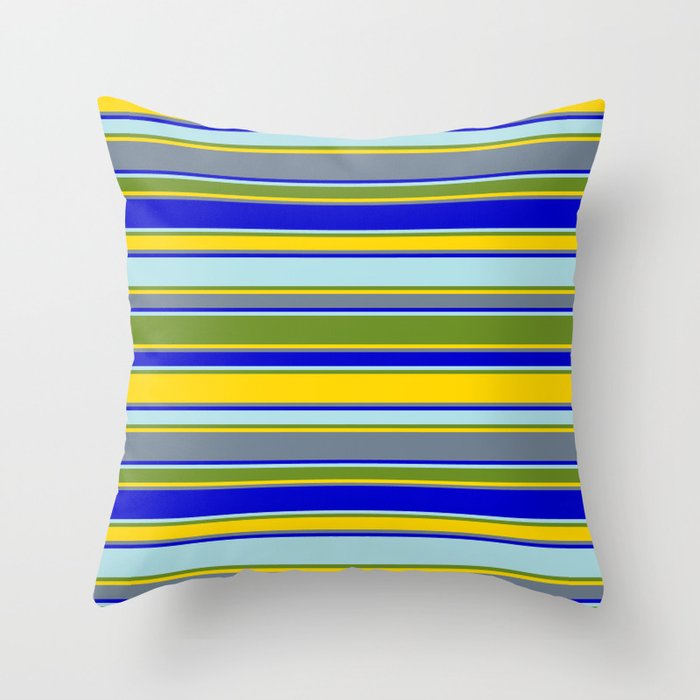 Colorful Powder Blue, Green, Yellow, Slate Gray & Blue Colored Striped Pattern Throw Pillow