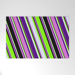 [ Thumbnail: Chartreuse, Lavender, Indigo, Orchid & Black Colored Striped/Lined Pattern Welcome Mat ]