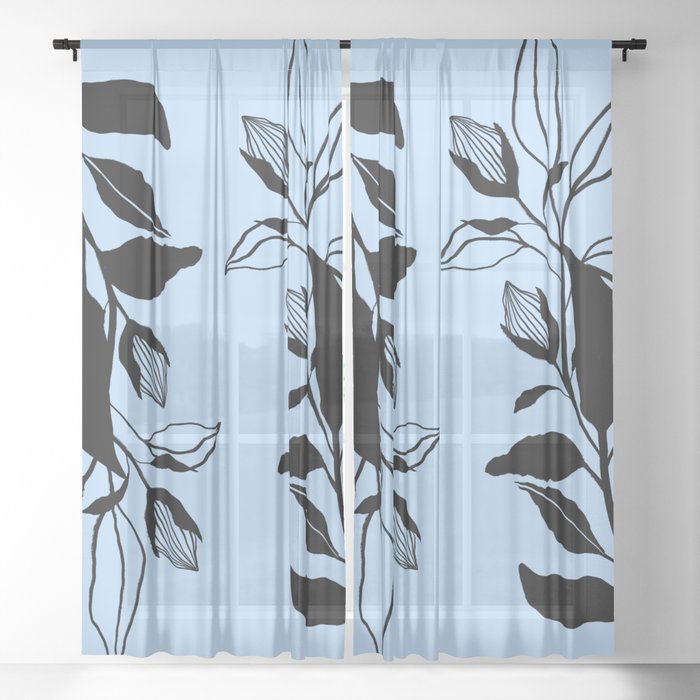 Blue and Black Foliage Abstract Modern Art Sheer Curtain