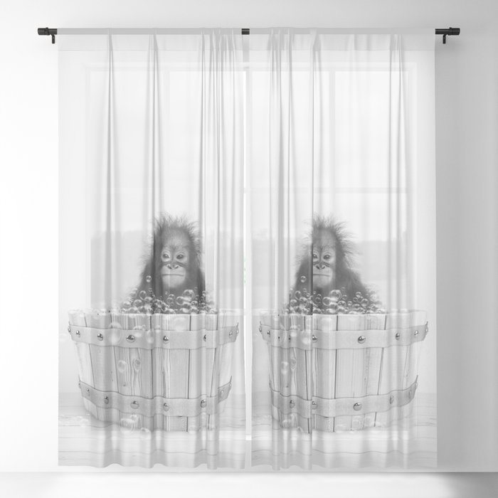Monkey in a Wooden Bathtub, Baby Orangutan Black and White, Bathtub Animal Art Print By Synplus Sheer Curtain