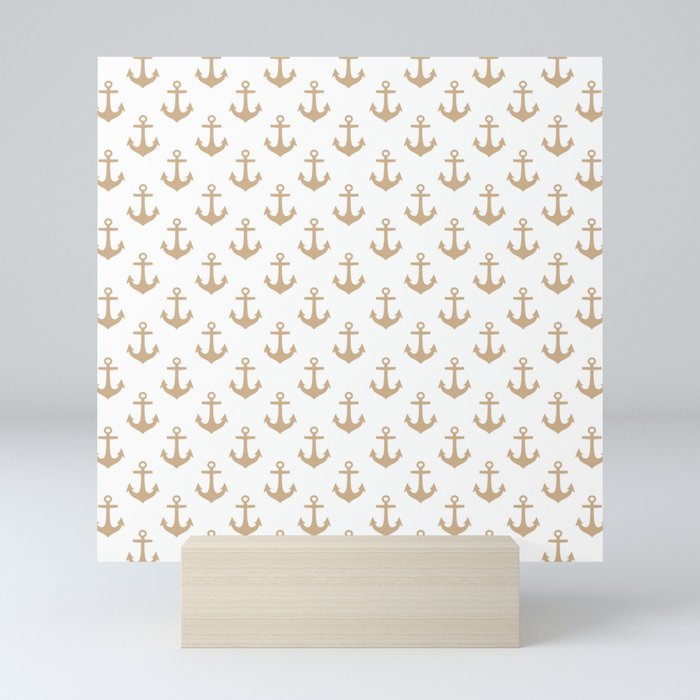 Anchors (Tan & White Pattern) Mini Art Print