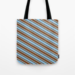 [ Thumbnail: Light Sky Blue & Brown Colored Lined/Striped Pattern Tote Bag ]