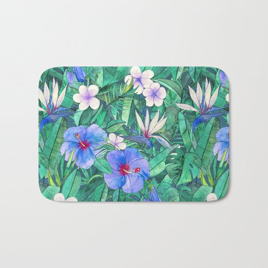 White Bird of Paradise & Blue Hibiscus Tropical Garden Bath Mat