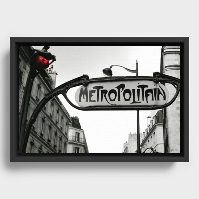 Paris Art Nouveau Metro - Metropolitan Subway Station Sign black and white photograph Framed Canvas