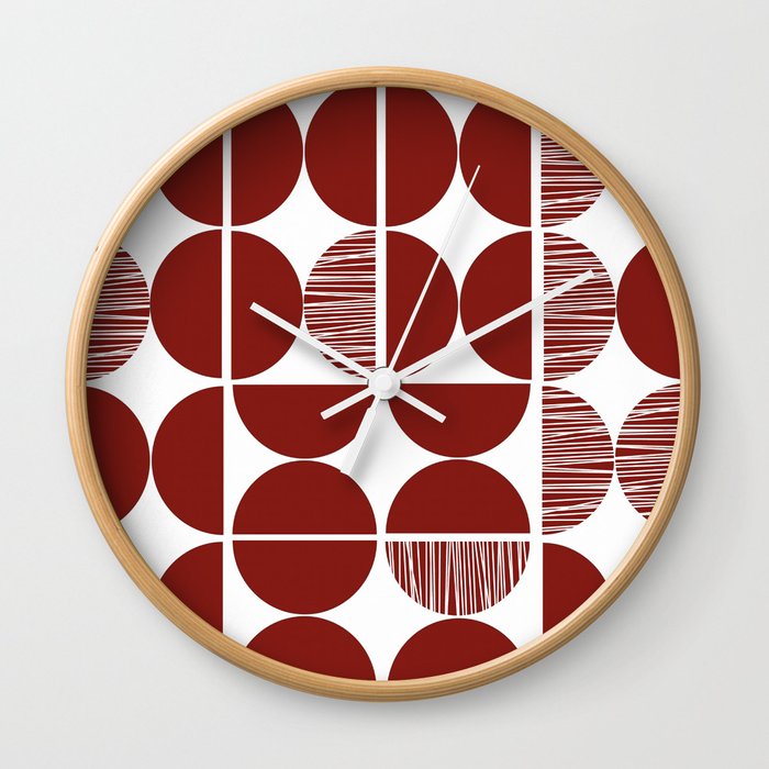 Red and white mid century shapes with stripes Wall Clock