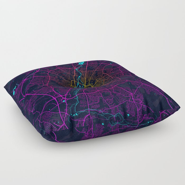 Leicestershire City Map of England - Neon Floor Pillow