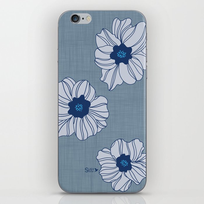 Ice Blue Jumbo Size Flowers on a Linen Background iPhone Skin