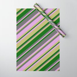 [ Thumbnail: Dim Grey, Plum, Dark Khaki & Dark Green Colored Striped/Lined Pattern Wrapping Paper ]
