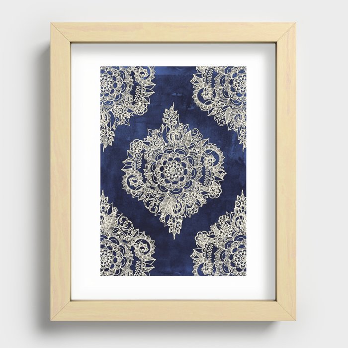 Cream Floral Moroccan Pattern on Deep Indigo Ink Recessed Framed Print