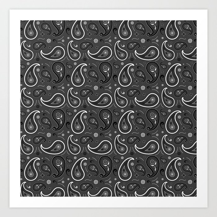 Black and White Paisley Pattern on Dark Grey Background Art Print