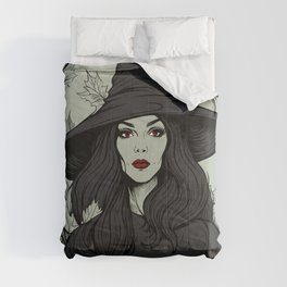 Witch and Autumn Leaves Vintage Horror Halloween Green Sage Black Charcoal Red Comforter