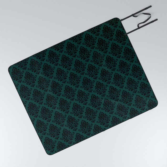 Black damask pattern Teal Picnic Blanket