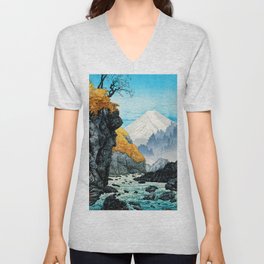 Blue Japanese Woodblock Print Of Foot of Mount Ashitaka by Hiroaki Takahashi,Volcano,Autumn,Landscape,Japan,Woodcut,Vintage,mountain, V Neck T Shirt