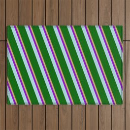 [ Thumbnail: Brown, Dark Khaki, Dark Violet, Powder Blue, and Dark Green Colored Lined/Striped Pattern Outdoor Rug ]