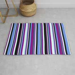 [ Thumbnail: Cornflower Blue, Purple, Light Cyan, and Black Colored Stripes Pattern Rug ]