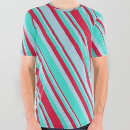 [ Thumbnail: Turquoise, Crimson, and Light Blue Colored Lined Pattern All Over Graphic Tee ]