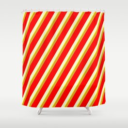 [ Thumbnail: Goldenrod, Red, Light Yellow & Yellow Colored Striped/Lined Pattern Shower Curtain ]