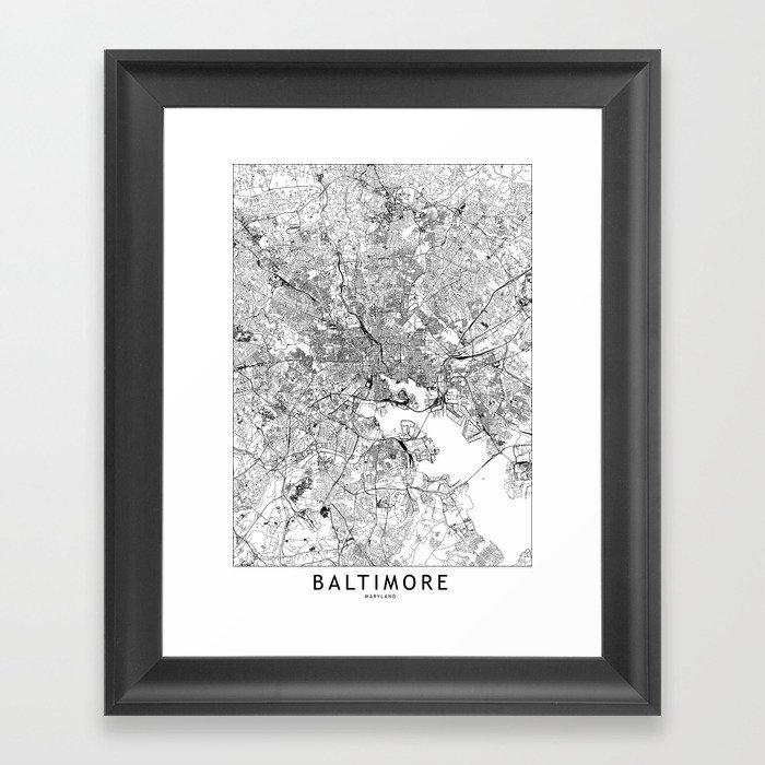 Baltimore White Map Framed Art Print