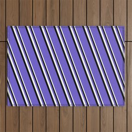[ Thumbnail: White, Black & Slate Blue Colored Stripes Pattern Outdoor Rug ]