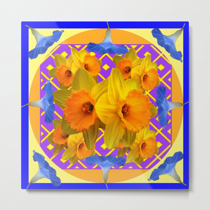 Golden Daffodils Blue Morning Glories Garden Pattern Metal Print