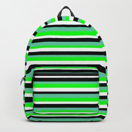 [ Thumbnail: Aquamarine, Lime, White, and Black Colored Lined/Striped Pattern Backpack ]