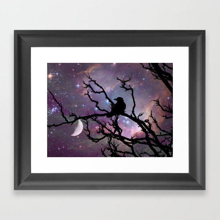 Surreal Black Bird Crow Stars Night Moon Art A492 Framed Art Print