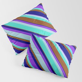 [ Thumbnail: Eyecatching Purple, Light Blue, Turquoise, Brown & Blue Colored Striped Pattern Pillow Sham ]