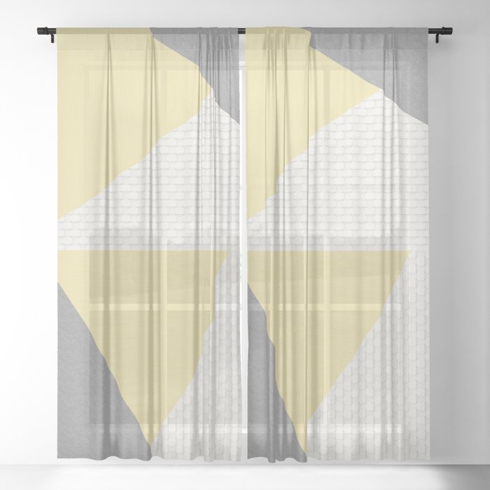 Yellow Grey Cream Abstract Triangle Tile Patterns Sheer Curtain