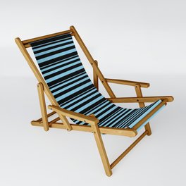[ Thumbnail: Sky Blue & Black Colored Striped Pattern Sling Chair ]