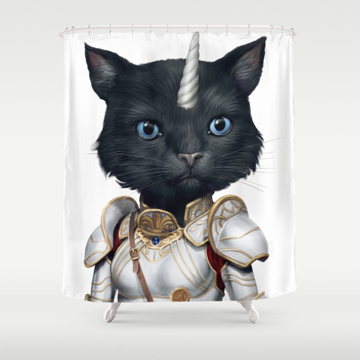 Funny Cute Unicorn Warrior Black Cat With Blue Eyes Shower Curtain